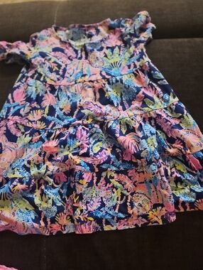 Lilly Pulitzer Navy Floral Ruffle Kids Dress with Pink and Yellow Accents